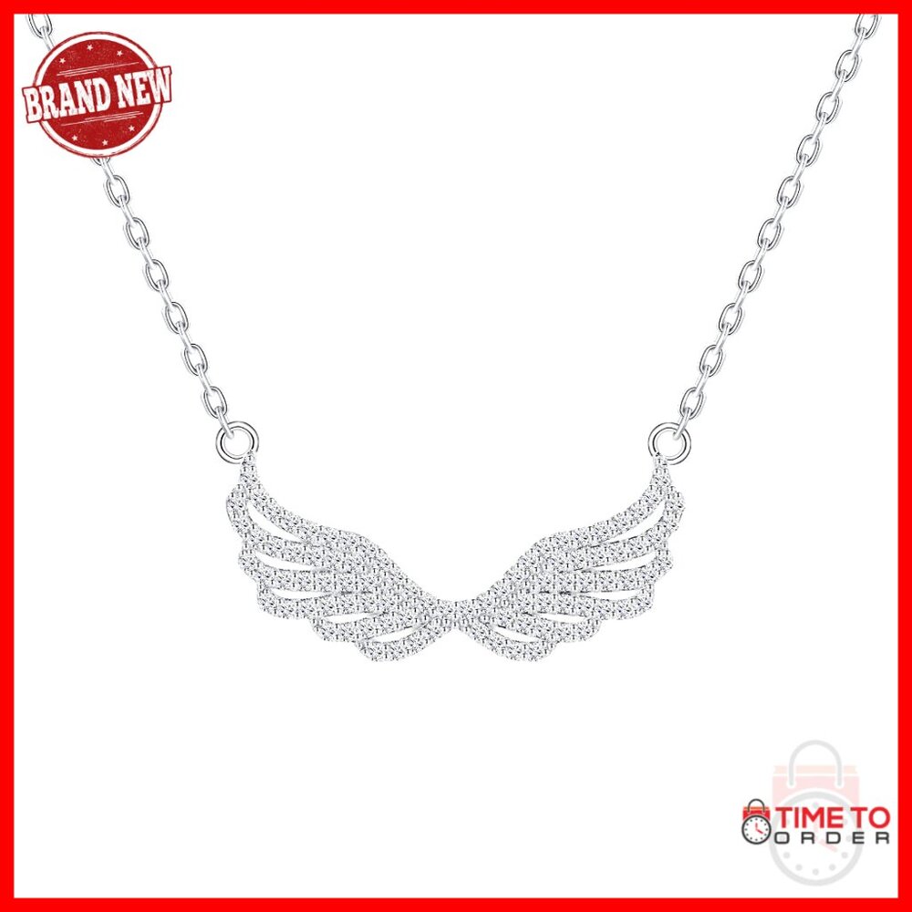 Sterling Silver Moissanite Angel Wings Pendant Necklace 45cm